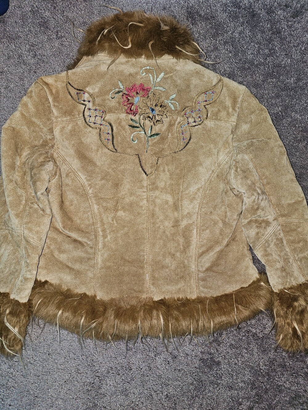 Y2K XOXO Heavily Embroidered Genuine Suede Leather Jacket Penny Lane Style Sz L - Picture 13 of 15